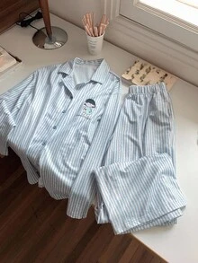 DAZY 卡通女孩英文图案条纹宽松长袖和裤子两件套女士睡衣套装，秋季衣服 - 藍色 - 查看 8