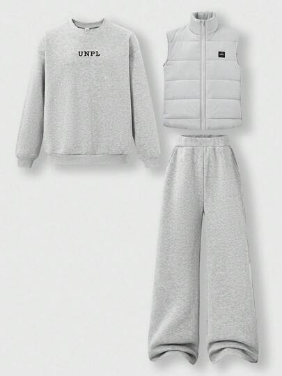 SHEIN Explorewe 3 件套：Tween Boy 蓝色高领保暖内衣、背心、休闲宽松长袖运动衫和运动裤，面料柔软舒适，正面拉链设计方便穿着，背心口袋保暖，适合外出、上学、冬季返校、日常穿着