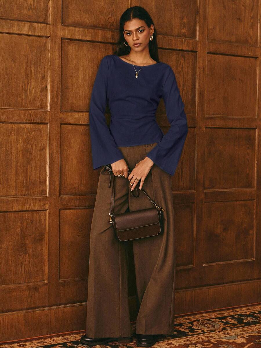 Poéselle Blusa casual de mujer con cuello redondo, volantes y mangas acampanadas de unicolor - Azul - Ver 1