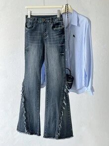 Elamini 女式休闲日常破洞喇叭牛仔裤，带斜口袋 - 藍色 - 查看 6