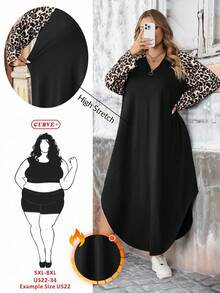 SHEIN CURVE+ Váy thun tay raglan họa tiết da báo cỡ lớn viền cong cho nữ/Mùa thu/Mùa đông - Nhiều màu - Xem 1