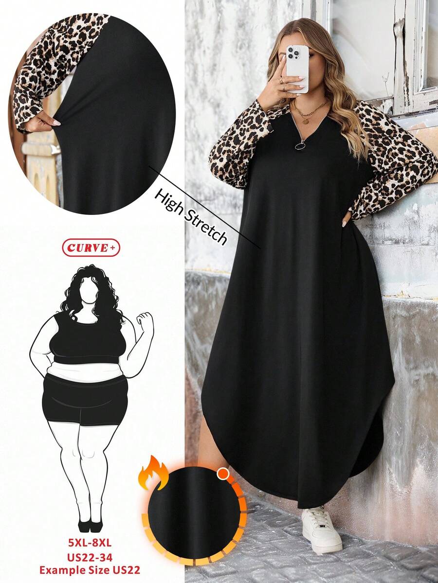 SHEIN CURVE+ Váy thun tay raglan họa tiết da báo cỡ lớn viền cong cho nữ/Mùa thu/Mùa đông - Nhiều màu - Xem 1