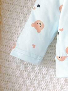 SHEIN 2件套新生儿可爱小熊图案上衣和裤子，婴儿男女通用春秋冬季套装 - 藍色 - 查看 8