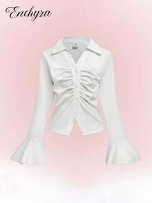 Tween Girl White Collared Shirt, Fitted Waist & Flare Sleeve, V-Neck, Elegant Casual & Versatile, Spring, Fall, Winterholiday,Summer,Travel,Getaway - White - View 9