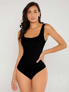SHEIN BASICS Body de unicolor con escote cuadrado y ajuste ceñido, atuendo de verano para mujer - Negro - Ver 5