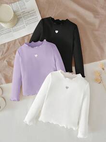 SHEIN LMoss Kids LMoss 3pcs/Set Baby Girls' Cute Knitted Heart Pattern Ruffled Hem Tops, Autumn/Winter - Multicolor - View 5