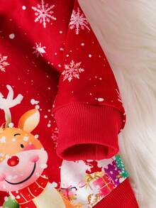 SHEIN 婴幼儿男童圣诞雪花、驯鹿、圣诞老人印花圆领套头衫，舒适可爱，百搭秋季 - 紅色 - 查看 6