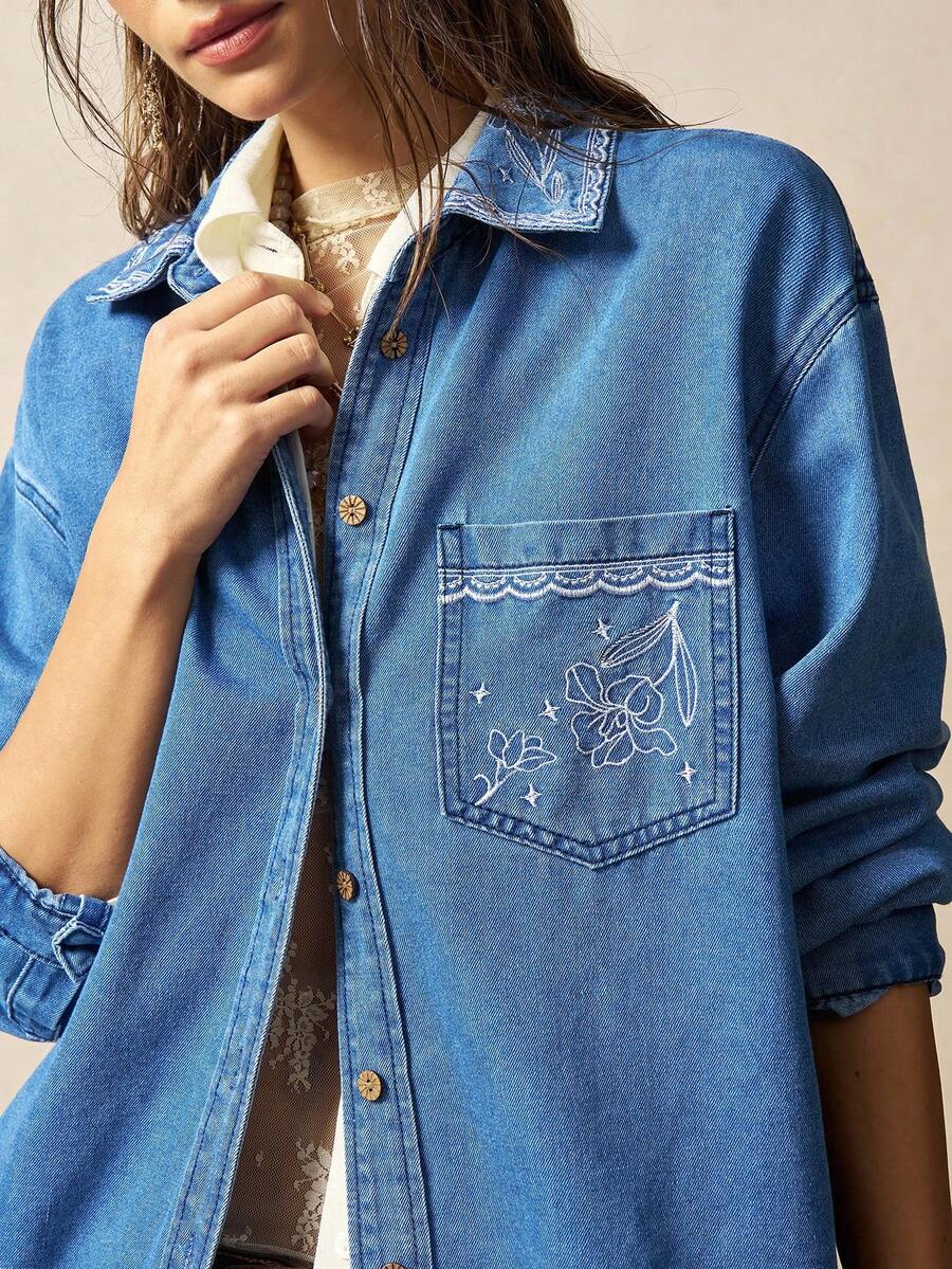 Bohemela Women's Casual Solid Color Woven Denim Loose Long Sleeve Shirt - Blue - View 1