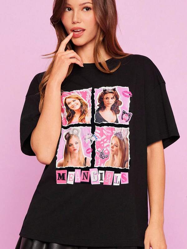 Mean Girls X SHEIN Camiseta de manga corta con hombros caídos, gráfico de letras y retratos para mujer, verano
