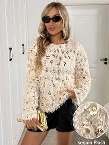 Easowa Cream White,Autumn,Elegant,Dining Women's Fluffy Sequin Pullover Sweatshirt,Round Neck Long Sleeve Loose Gold Top For Party,Halloween & Christmas - Apricot - View 3