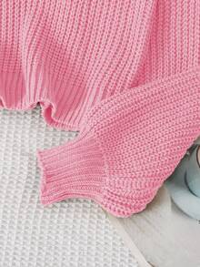 SHEIN 秋冬款青少年女孩休闲纯色短款毛衣 - 粉色 - 查看 5