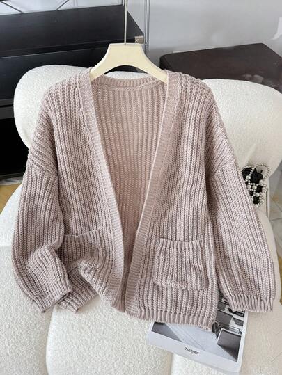 SHEIN Chunky Knit Cardigan For Teen Girls, Long Loose Fit With Pockets, Suitable For Autumn/Winter Long Sleeve Open Front Sweater Teen Girl Outfits 3 Piece Outfits For Teens Teen Outfits Knitted Cardigan Outfits 2 Piece Teen Outfit Fall