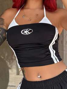 Bearsaez Damen Y2K Party Lässig Gym Kleidung Kontrast-Farbiges Neckholder Ärmelloses Top, sportlicher Alltagsstil - Schwarz - Übersicht 3