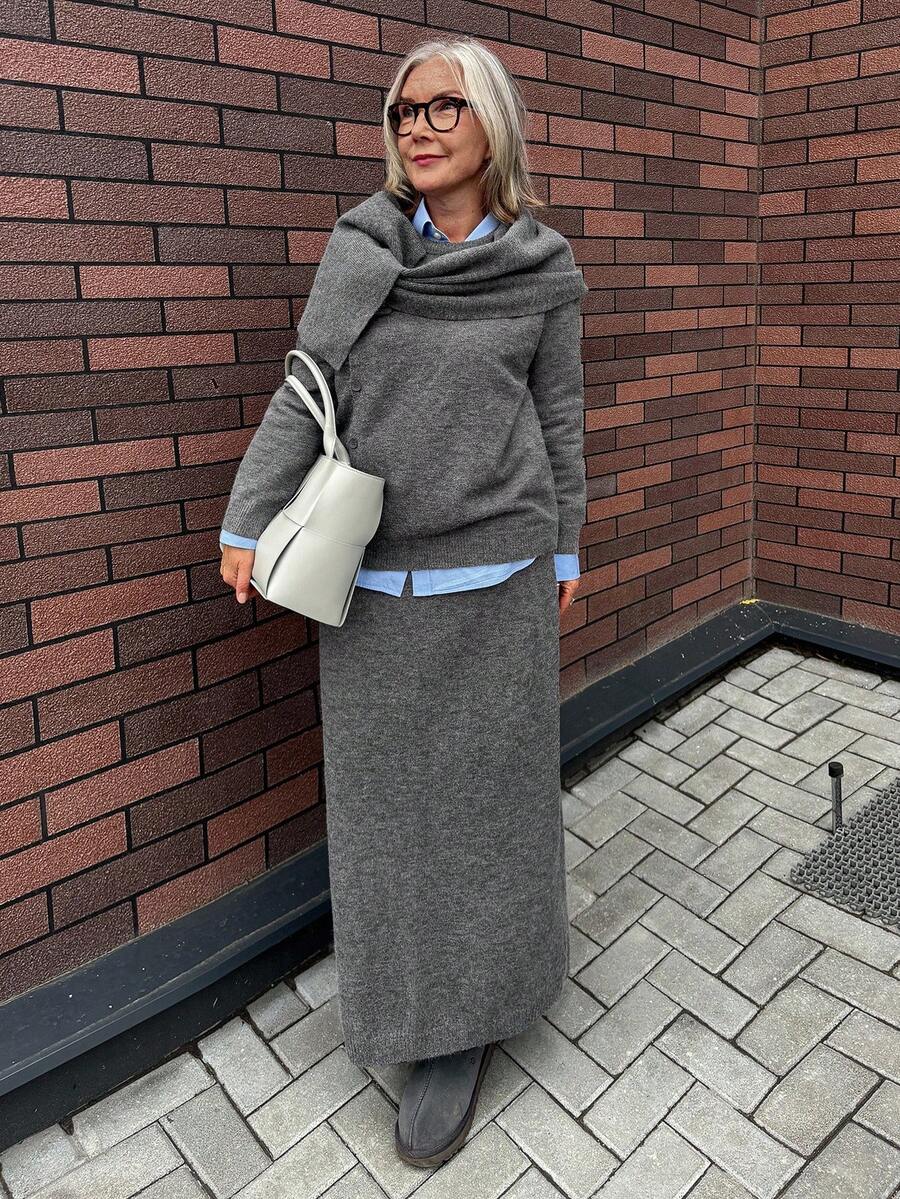 Vivie Lora Women's Sweater And Knitted Midi Skirt Casual 2 Pieces Set Vacation Long Sleeve Tops - Grey - View 1