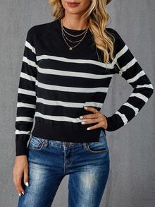 SHEIN LUNE Striped Pattern Sweater,Long Sleeve Tops Autumn Winter Clothes For Women - Black and White - View 7