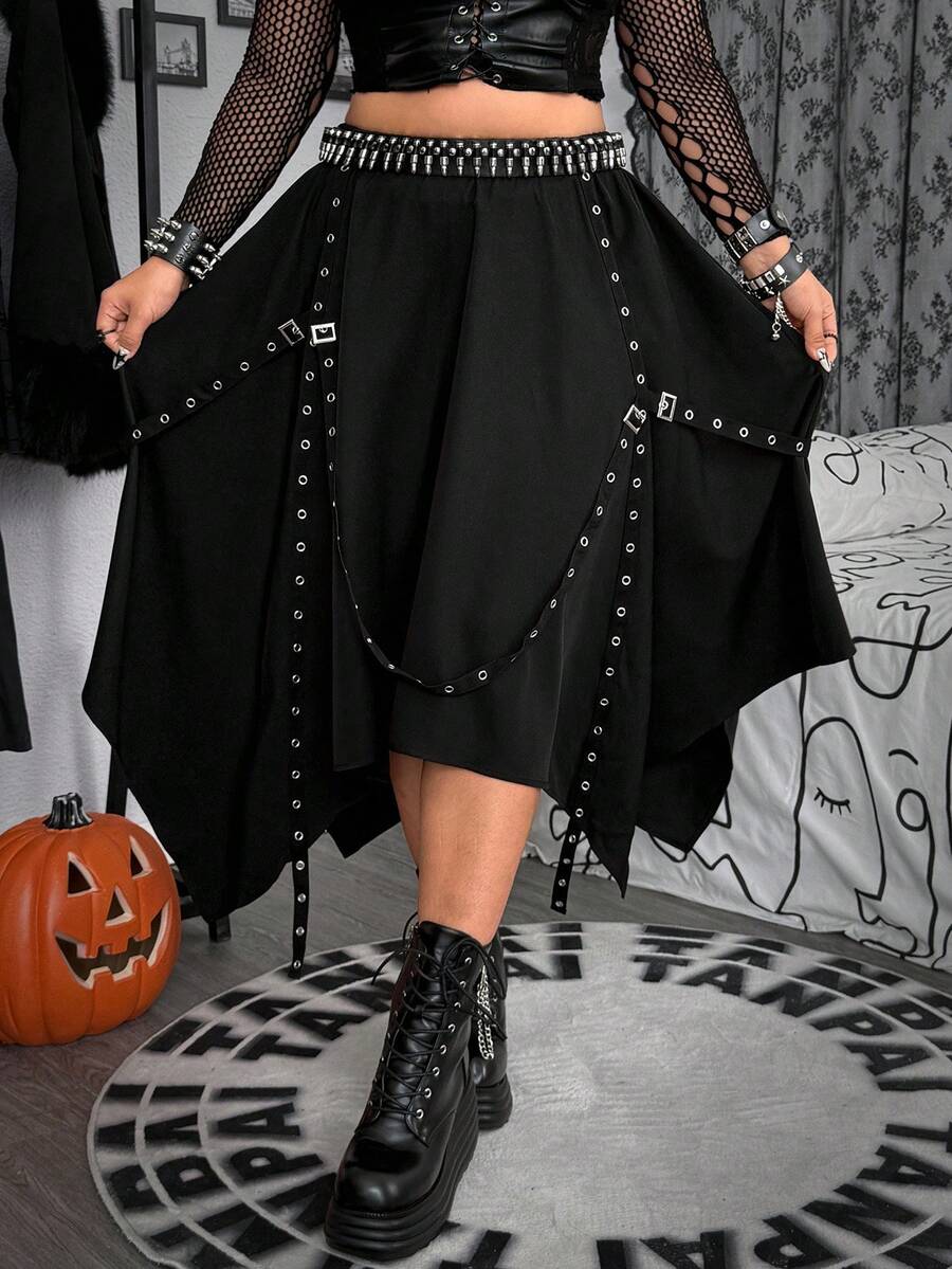 Whyspr Jupe asymétrique à ourlet avec sangles à œillets, grande taille, style punk