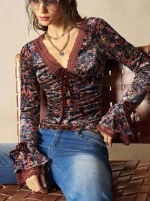 Bohemela 女式休闲度假V领长袖针织上衣 - 藍色 - 查看 3