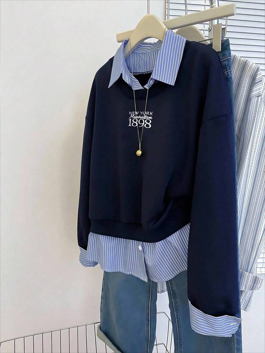 Resyla Women's Casual Commuter College Style Letter & Number Graphic Striped Splice Sweatshirt, Spring/Autumn