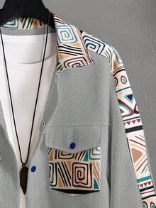 Manfinity Homme Loose Fit Men Geo Print Flap Pocket Jacket, Fall - Light Grey - View 5