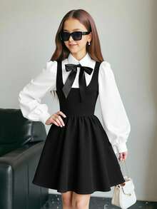 SHEIN Tween Mädchen Lässig Schule Alltag 2 in 1 Langarm Hemdkragen Kleid mit Schleife, Preppy Uniform Rückkehr zur Schule