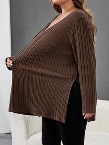 SHEIN CURVE+ Áo thun cổ chữ V viền gân màu xanh cỡ lớn, quần áo thu đông cho nữ, mùa đông, CONG CỠ LỚN/Mùa thu/Mùa đông - màu nâu - Xem 5