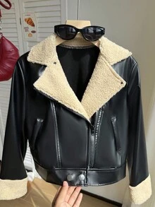 SHEIN 青少年女孩休闲街头赛车手摩托车 PU 皮夹克，保暖衬里，适合搭配皮裤、长裤、迷你裙、连衣裙