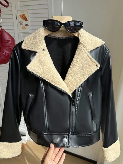 SHEIN 青少年女孩休闲街头赛车手摩托车 PU 皮夹克，保暖衬里，适合搭配皮裤、长裤、迷你裙、连衣裙
