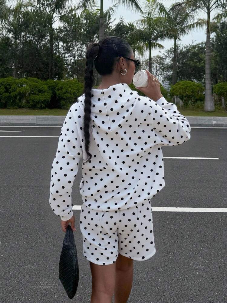 Muchica 2pcs Casual Minimalist Polka Dot Printed Loose Cropped Hoodie & Sweatshirt Set Polka Dot Two Piece - Multicolor - View 4