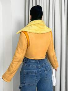 Sirith New Style Jacket: Short Teddy Bear Velvet Lining Zipper Motorcycle Jacket, Fur And Leather Integrated Printed Yellow Jacket, With Detachable Collar - Yellow - View 2