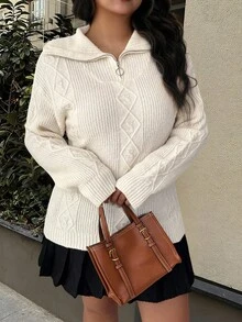 EMERY ROSE Women's Zip Collar Drawstring Pullover Sweater - Apricot - View 5