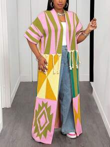 Slaydiva 2025新款加大码时尚粉色几何图案拼接流苏女式长款开衫，适合圣诞节/新年休闲穿着/舒适的秋冬季节穿着/感恩节穿着/通勤机场穿着/70年代街头风 - 彩色 - 查看 3