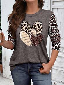 EMERY ROSE Women's Plus Size Casual Heart & Leopard Print Round Neck Long Sleeve T-Shirt Fall - White - View 3