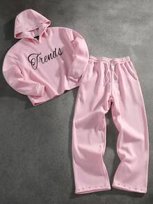 PAVTROS 2 件男士连帽运动衫和抽绳阔腿裤套装连帽衫和运动裤套装女士粉色运动服铆钉粉色套装粉色运动服粉色运动套装，秋冬装 - 粉色 - 查看 3