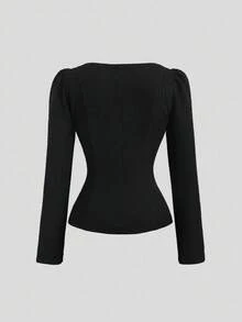 Sweetra Women's New Vintage Solid Color Waist Cinched Slim Fit Crew Neck Long Sleeve Cardigan, Autumn/Winter - Black - View 2