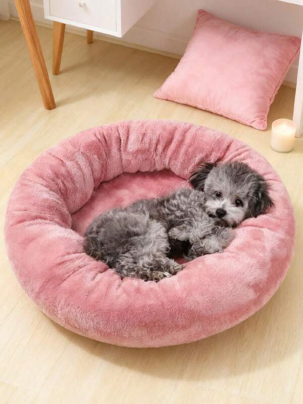 PETSIN 1pc Short Plush Round Shaped Washable And Thickened Pet Bed, Suitable For Small And Medium Cats And Dogs, For All Seasons