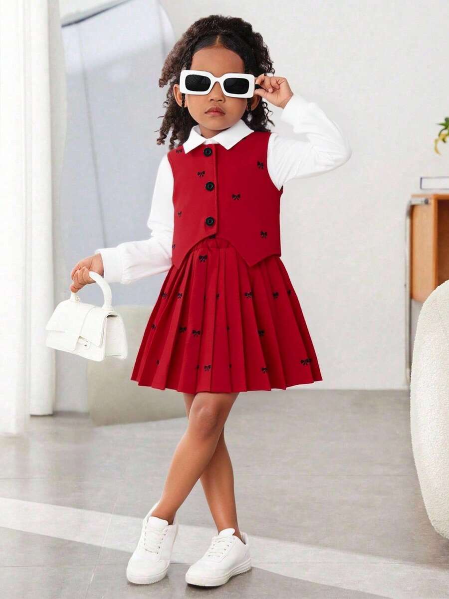 Sparklyn 3pcs/Set Girls Kids Spring/Autumn New Collared Long Sleeve White Shirt, Gray Bow Print Hem Design Vest, Pleated Skirt Cute Simple Elegant Back To School Academy Outfit, All Season Fall Winter  Princess  Halloween/Christmas Party Dresses For  Vacation  Autumn And Winter - Red - View 1