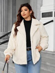 Easura 大码女式优雅厚双面提花抽绳长袖珍珠纽扣开衫 - 白色 - 查看 6