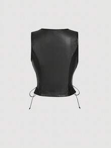 SHEIN MOD V领无袖侧系腰直筒黑色PU皮西装裤，圣诞节套装，秋冬休闲套装，优雅，乡村音乐会套装，圣诞节套装，新年套装，感恩节套装，冬季套装，外出裤，乡村音乐会套装，经典两件套，女士办公室服装，女士圣诞节服装，感恩节套装 - 黑色 - 查看 8