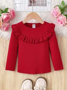 Young Girl's Casual Fashion Versatile Black Knit Ruffle Trim Long Sleeve Blouse, Suitable For Autumn And Winter, Red For Christmas, Party Wear, Daily Wear School, Birthday , Princess Tee Top.