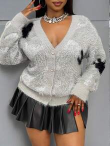 Slaydiva 大码女式撞色蓬松长袖单排扣休闲开衫毛绒上衣银色女式上衣毛衣套装秋冬时尚女装 - 彩色 - 查看 3