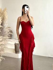 Andrea Bello 女士优雅浪漫约会吊带背心红色花卉荷叶边露背修身款适合鸡尾酒会、针织网眼连衣裙、派对、婚礼伴娘、长裙，非常适合派对、节日和情人节、女士连衣裙、情人节、女士连衣裙