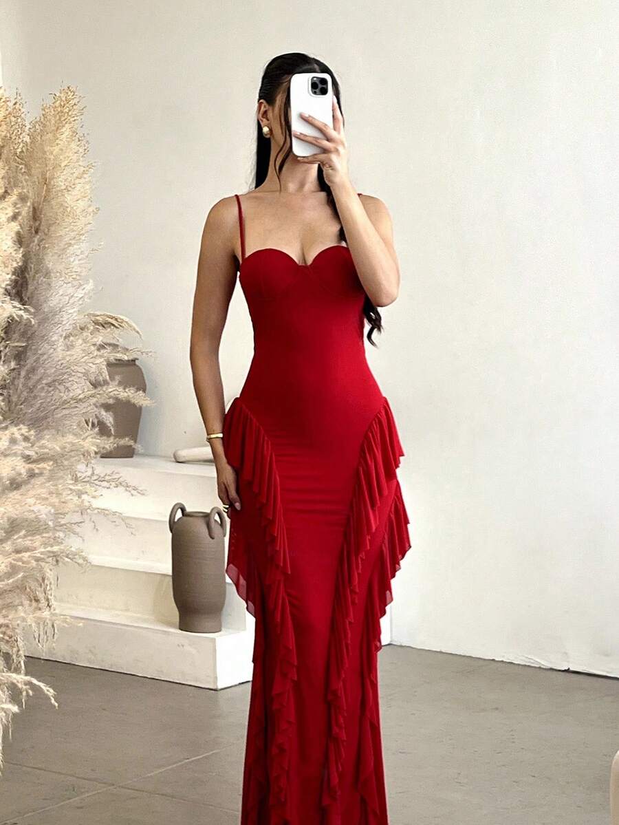 Andrea Bello 女士优雅浪漫约会吊带背心红色花卉荷叶边露背修身款适合鸡尾酒会、针织网眼连衣裙、派对、婚礼伴娘、长裙，非常适合派对、节日和情人节、女士连衣裙、情人节、女士连衣裙