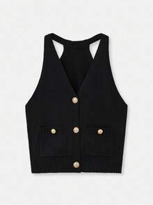 lacRébo 针织背心配金色纽扣秋季女装秋季服装秋季女装秋冬 - 黑色 - 查看 6