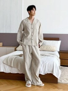 DAZY Men's Striped Matching Shirt And Pants Loungewear Set, Autumn Pajama Fall Winter Clothes