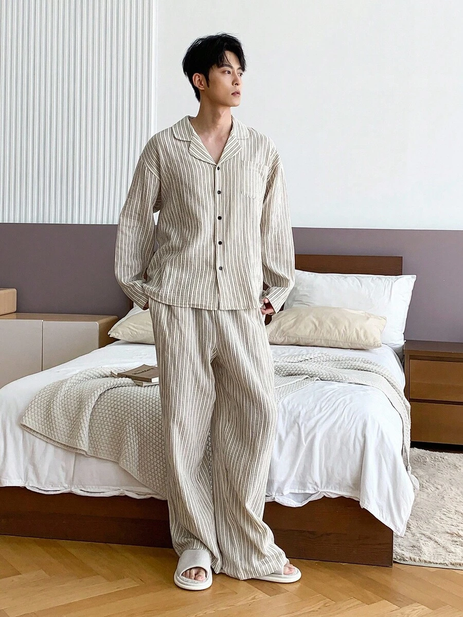 DAZY Men's Striped Matching Shirt And Pants Loungewear Set, Autumn Pajama Fall Winter Clothes
