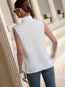 SHEIN Clasi Áo sơ mi nữ cổ bẻ lưới chấm bi tương phản - trắng - Xem 2