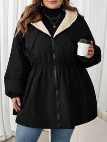 SHEIN CURVE+ Plus Size Women's Cinched Waist Thermal Lined Hooded Jacket, Women's Autumn/Winter Coat - Black - View 6