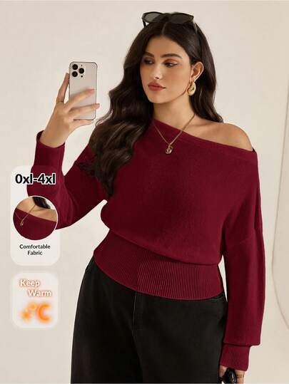Auralis Suéter de cuello alto rojo de manga larga y hombro asimétrico, de estilo sencillo y versátil, para mujer de talla grande, ideal para otoño e invierno, para uso diario, casual y cómodo, perfecto para volver al colegio, salir y celebrar Navidad y Año Nuevo
