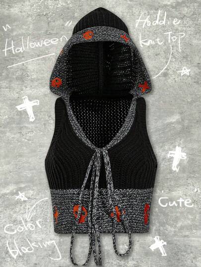 Shutterstock Y2Kool Suéter con capucha de punto con calavera y cruz para mujer, adecuado para Halloween, estilo Y2K, fiestas, otoño/invierno, parte superior de punto, top de malla con calavera, chaleco negro para mujer, top sexy, colección de ropa de estilo, nuevos atuendos de Año Nuevo