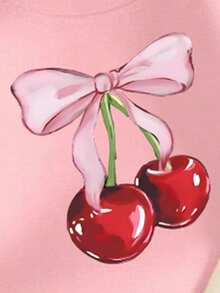 2 Stücke Mädchen Outfit mit Schleife & Kirsche Grafik, kuschelig warm, beinhaltet Sweatshirt mit Rundhalsausschnitt und Hose, geeignet für Herbst/Winter